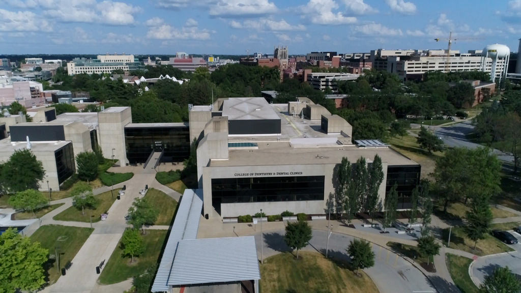 Aerial image of the exterior of the University of Iowa College of Dentistry and Dental Clinics